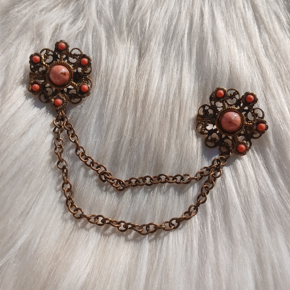 Vintage Sweater Brooch Pin Double Chain Coral Stone Brass Filigree Antique Clip